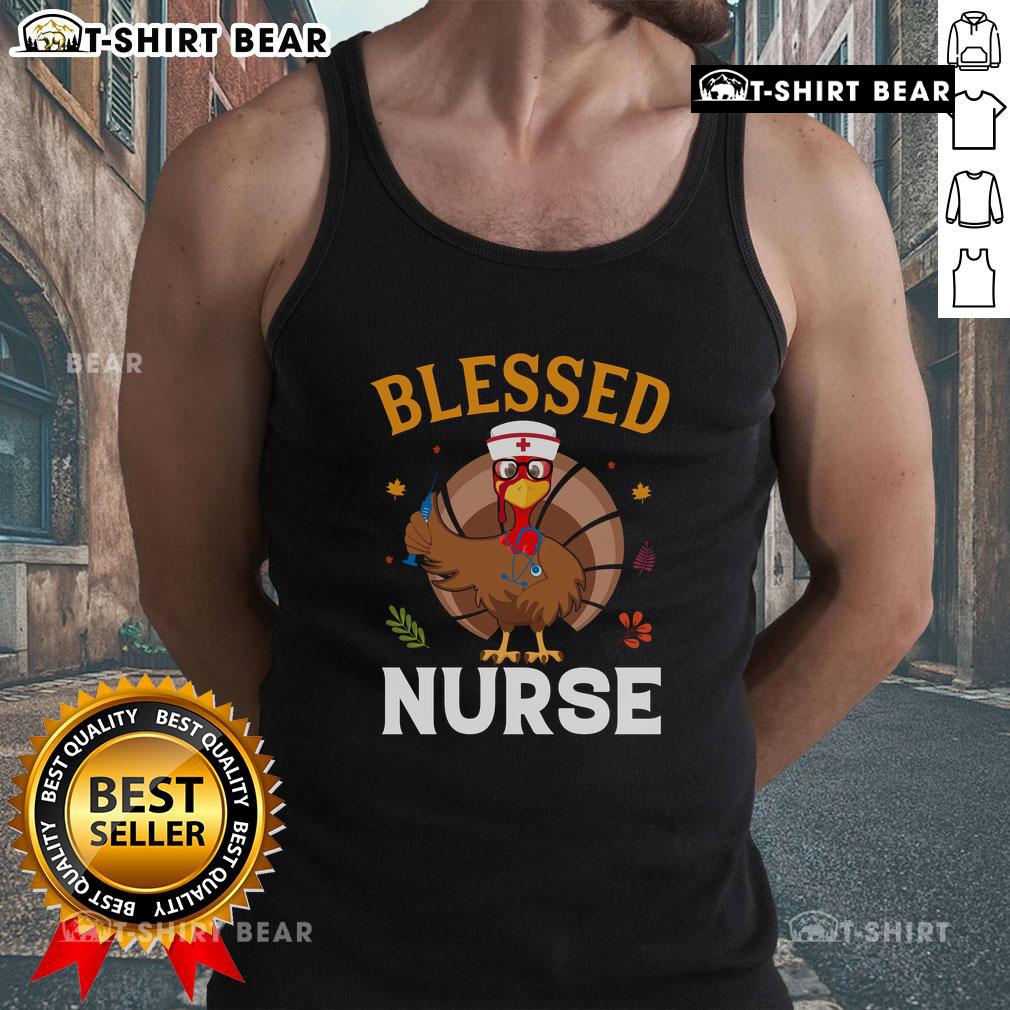Top Blessed Nurse Turkey Thanksgiving Tank Top featuring a festive turkey design for nurses celebrating Thanksgiving.