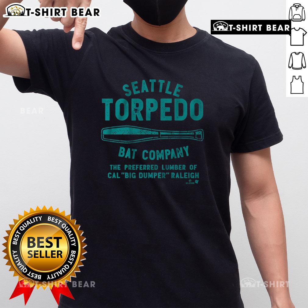 Alt Text: Top Cal Raleigh Seattle Torpedo Bat Company T-Shirt featuring a stylish design for baseball fans.