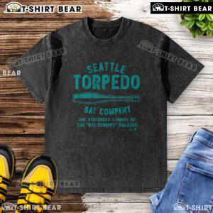 Alt Text: Top Cal Raleigh Seattle Torpedo Bat Company washed t-shirt in navy blue, featuring a vintage logo design.