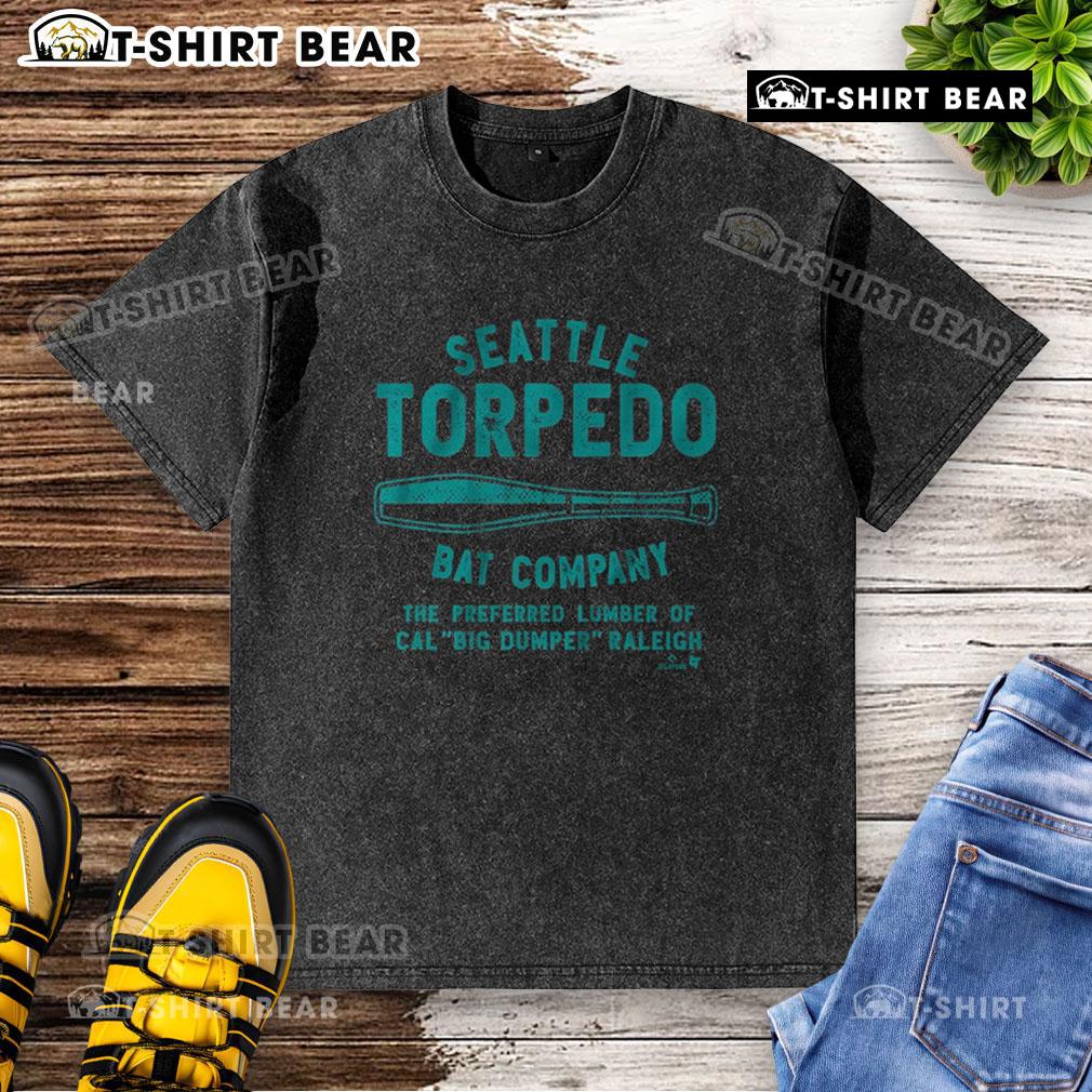 Alt Text: Top Cal Raleigh Seattle Torpedo Bat Company washed t-shirt in navy blue, featuring a vintage logo design.