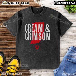 Alt Text: Top cream and crimson Indiana Hoosiers hometown pride washed t-shirt displayed on a wooden background.