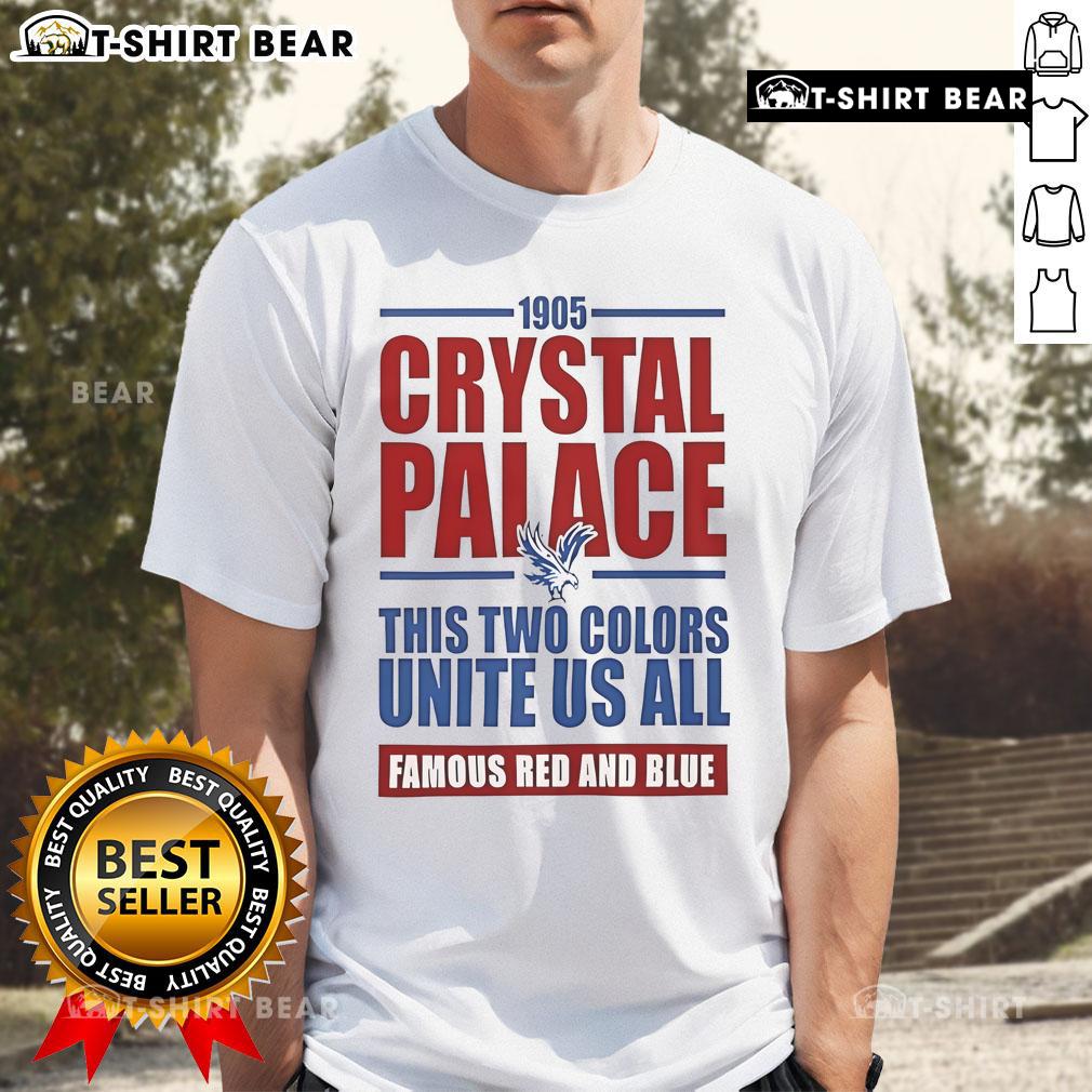 Top Crystal Palace Soccer EPL T-shirt in red and blue, celebrating unity since 1905, perfect for fans of the team.