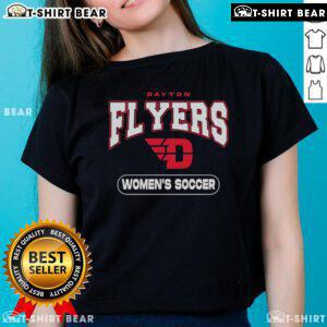 Alt Text: Top Dayton Flyers women's soccer logo on a stylish ladies tee, perfect for fans and supporters of the team.