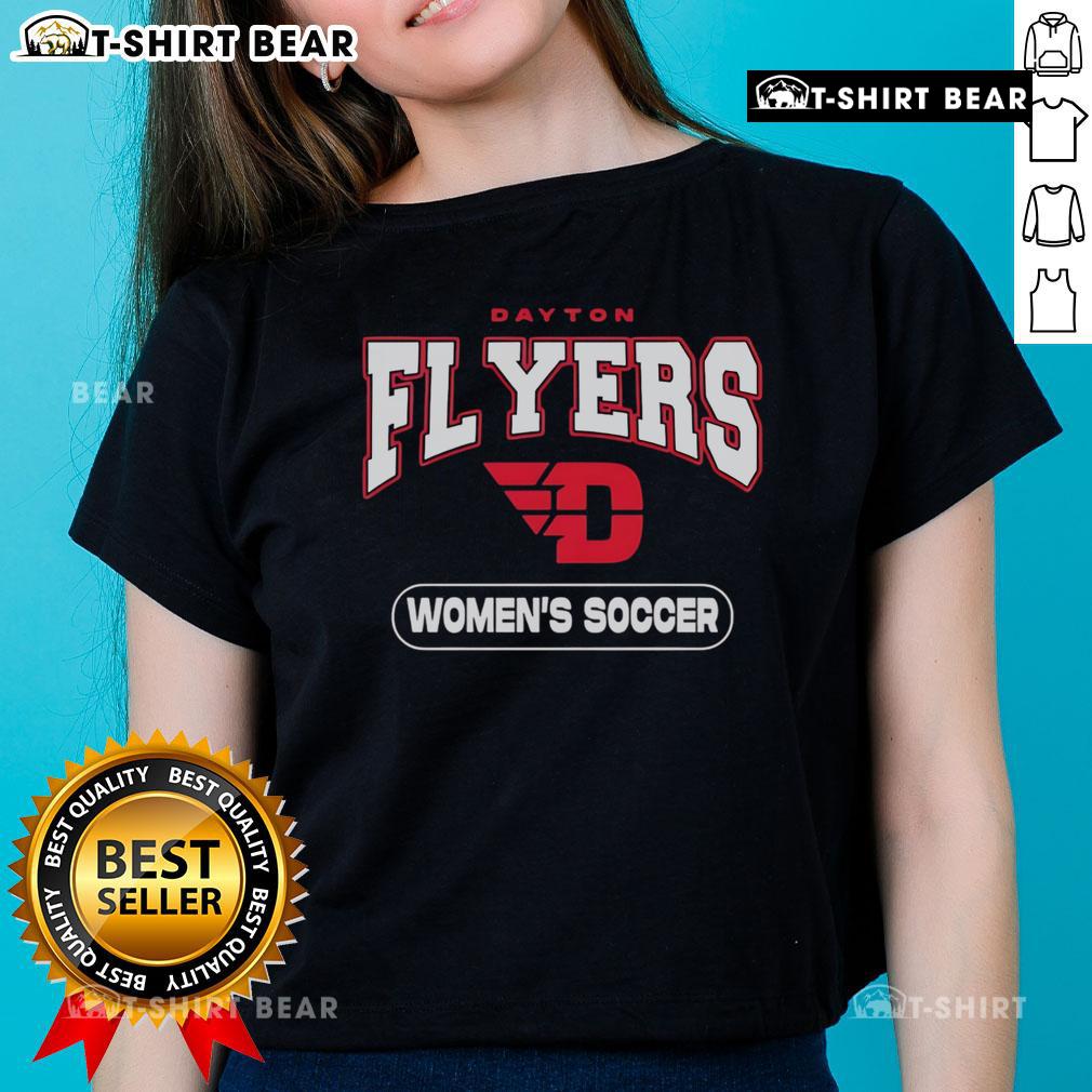 Alt Text: Top Dayton Flyers women's soccer logo on a stylish ladies tee, perfect for fans and supporters of the team.