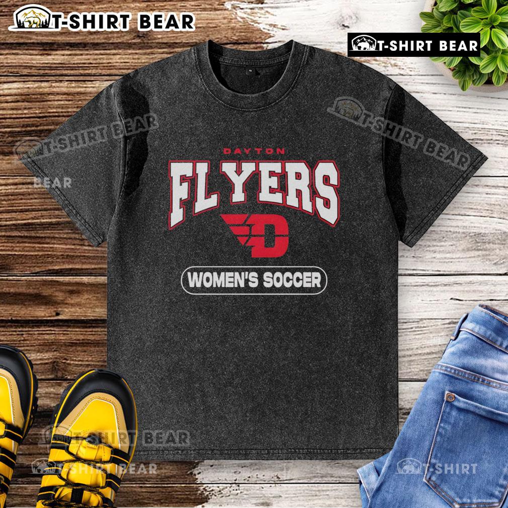 Alt Text: Top Dayton Flyers women's soccer logo on a washed t-shirt, perfect for fans of the team and comfortable casual wear.