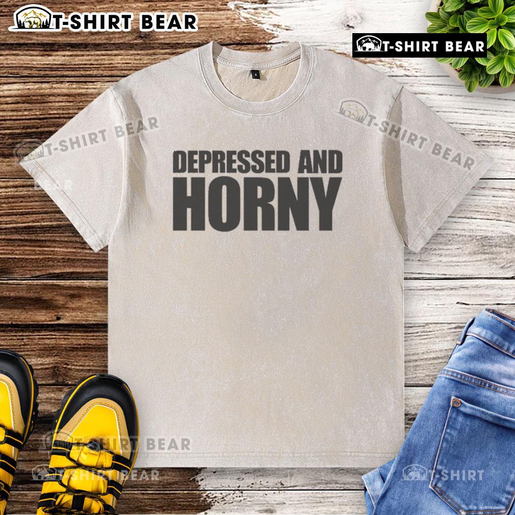 Top Depressed and Horny washed t-shirt featuring a unique graphic design, perfect for casual wear and making a statement.