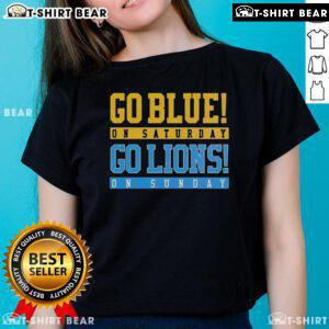 Top Detroit Lions football ladies tee in blue, perfect for game day support on Saturday and Sunday. Go Lions!