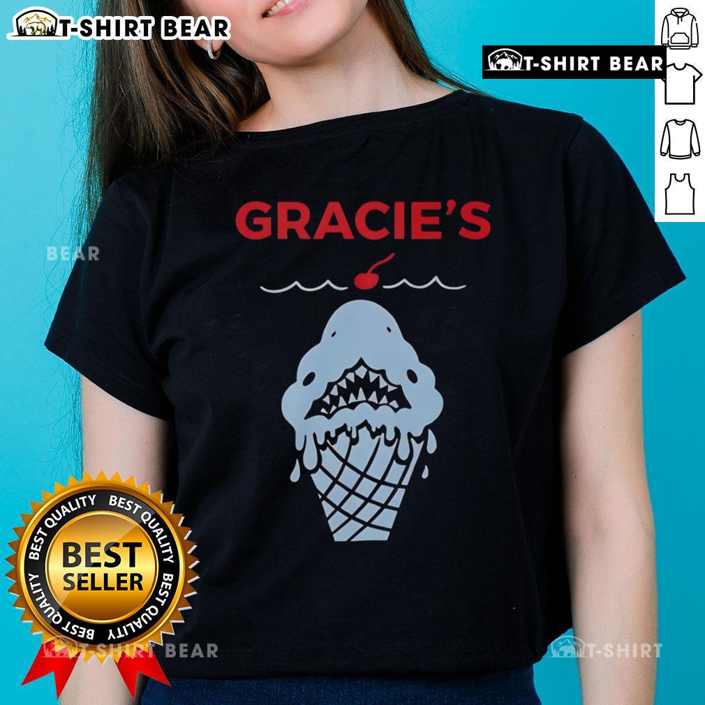 Top Gracie's Ice Cream Shark Ladies Tee featuring a playful shark graphic on a stylish women's t-shirt.