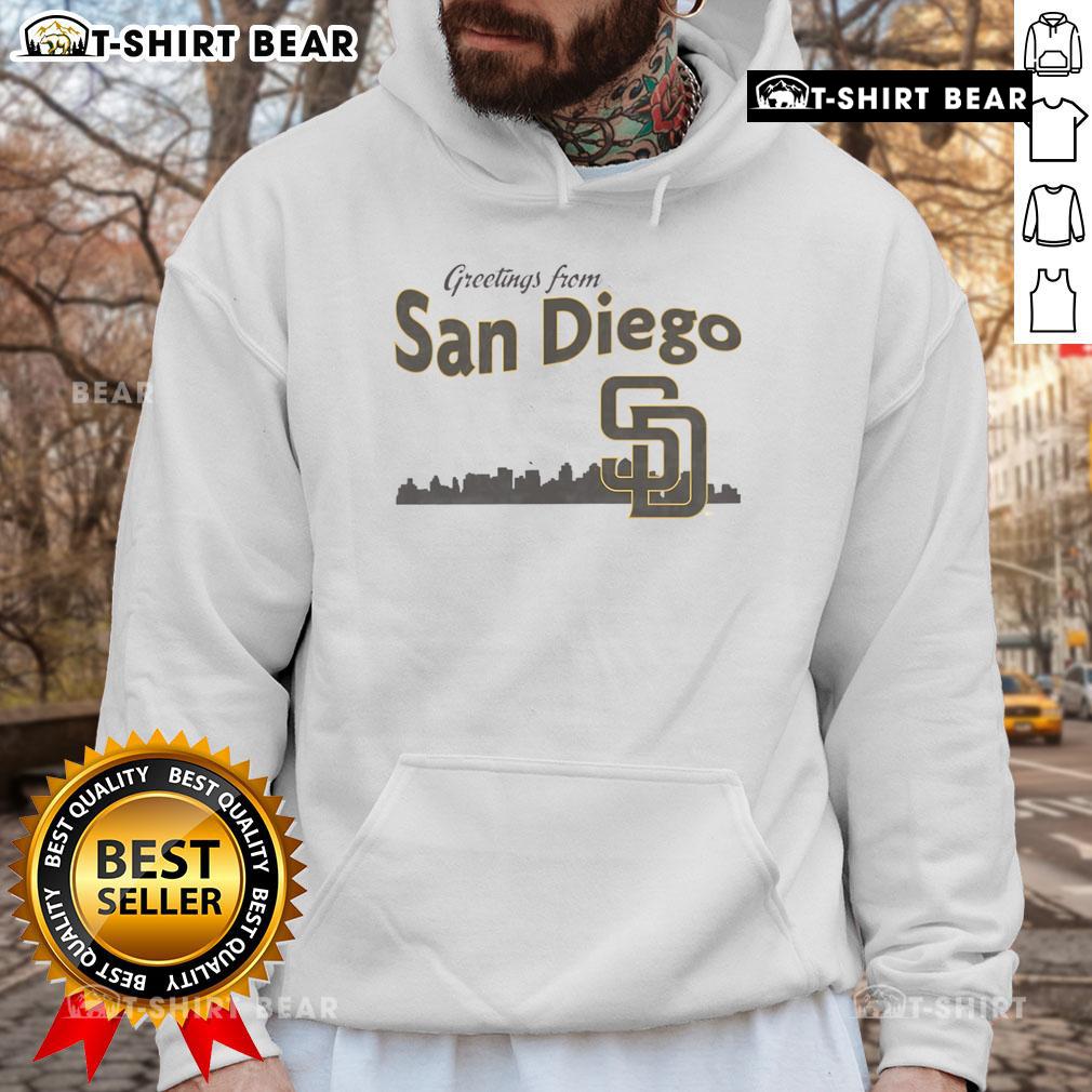 Top Greetings from San Diego Padres Skyline Hoodie featuring vibrant city skyline and team logo design.