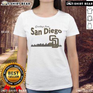 Ladies tee featuring San Diego Padres skyline design, perfect for fans and showcasing vibrant city spirit.
