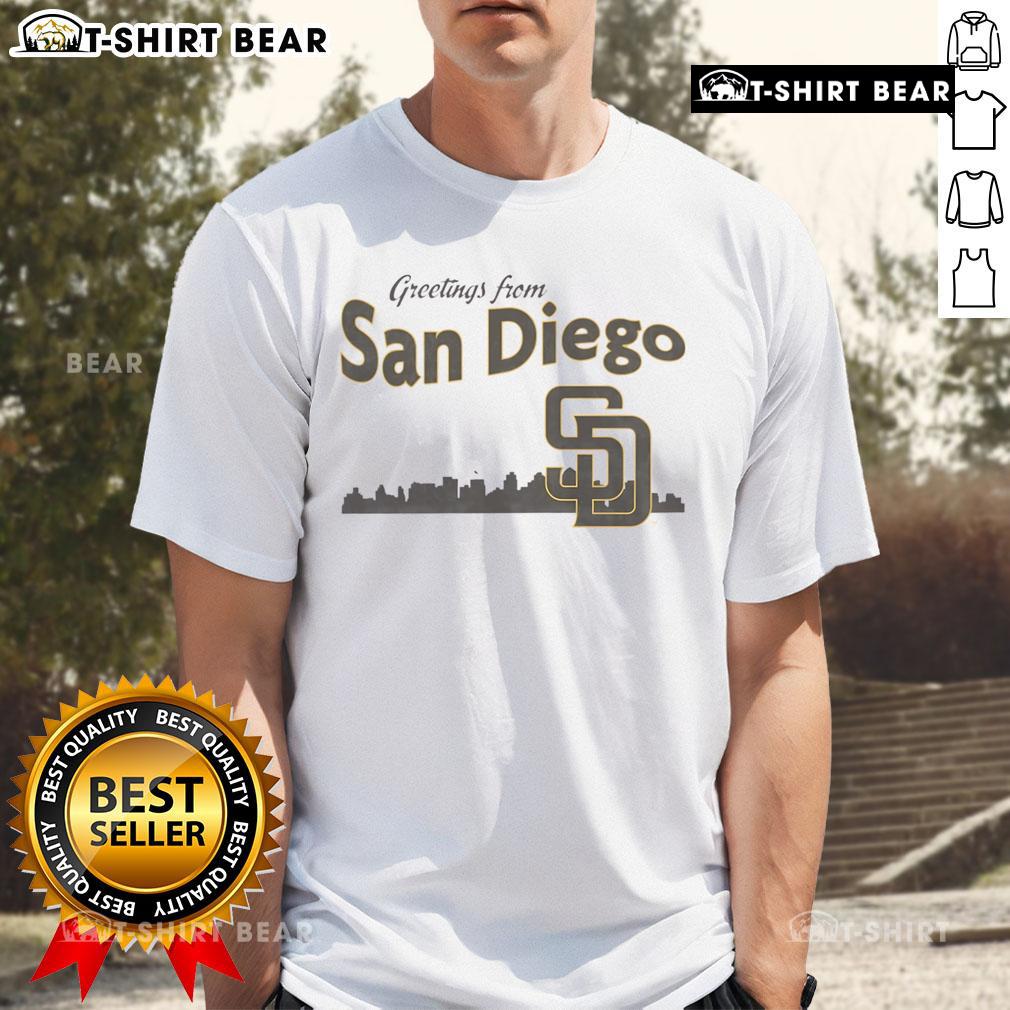 Alt Text: San Diego Padres Skyline T-Shirt featuring vibrant cityscape design and iconic team colors for fans.