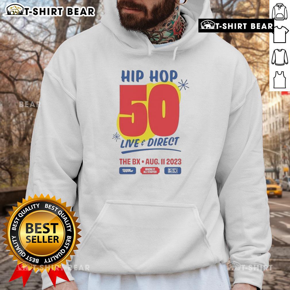 Top Hip Hop 50 Live and Direct hoodie from NX event on Aug 11, 2023, showcasing vibrant design and artist collaborations.
