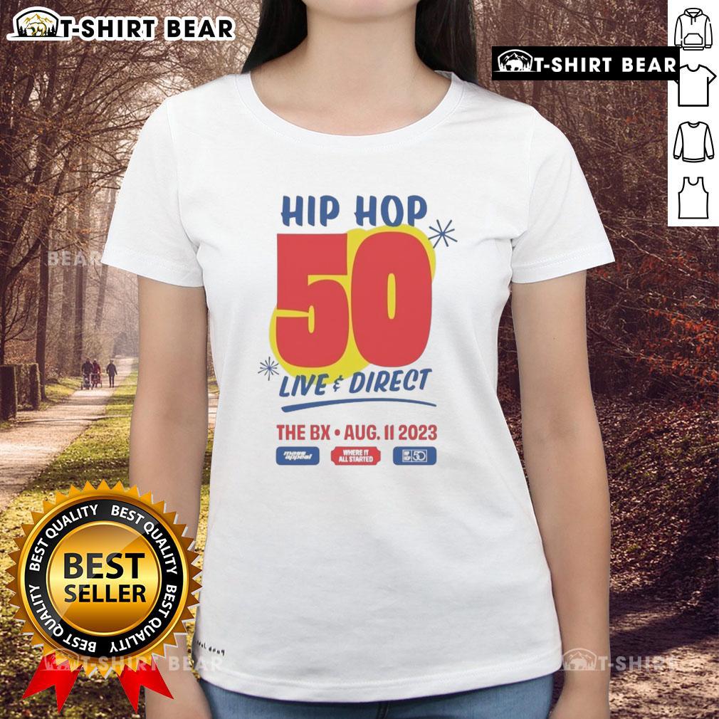 Top Hip Hop 50 Live and Direct event on Aug 11, 2023, featuring a stylish ladies tee with vibrant graphics.