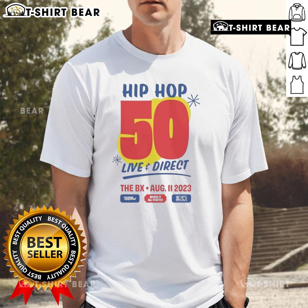 Alt Text: Top Hip Hop 50 Live And Direct The Nx T-Shirt from August 11, 2023, featuring vibrant design and bold graphics.