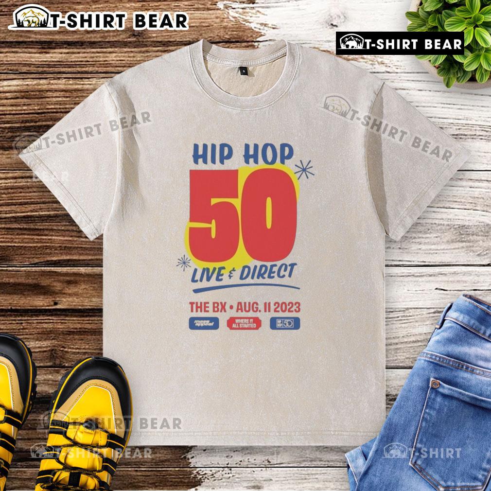 Top Hip Hop 50 Live and Direct washed t-shirt from The NX event, August 11, 2023, showcasing vibrant design.