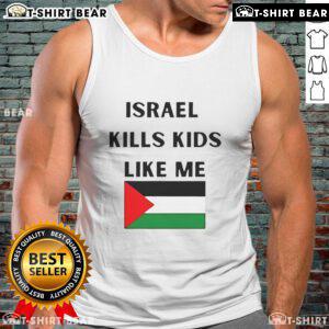 Young activist wearing 'Top Israel Kills Kids Like Me' tank top, advocating for children's rights and raising awareness.