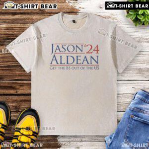 Alt Text: Top Jason Aldean Get The BS Out of The US 2024 washed t-shirt featuring bold graphic design and comfortable fit.