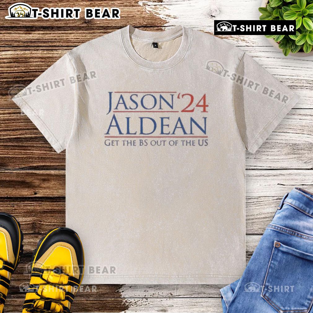 Alt Text: Top Jason Aldean Get The BS Out of The US 2024 washed t-shirt featuring bold graphic design and comfortable fit.