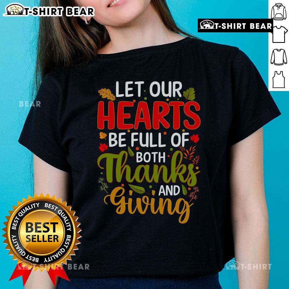 Top Let Our Hearts Be Full of Both Thanksgiving Ladies Tee featuring festive autumn colors and cheerful design.