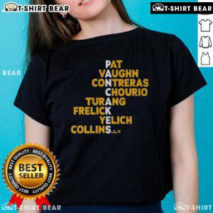 Top Milwaukee Pancakes names featuring Pat Vaughn, Contreras, Chourio, Turang, Frelick, Yelich, and Collins on a ladies tee.