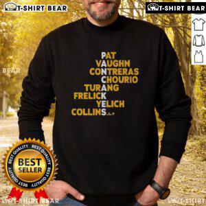Top Milwaukee Pancakes sweatshirt featuring names like Pat Vaughn, Contreras, Chourio, Turang, Frelick, Yelich, and Collins.