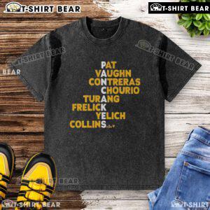 Alt Text: Top Milwaukee Pancakes featuring names like Pat, Vaughn, Contreras, Chourio, and Yelich on a washed t-shirt design.