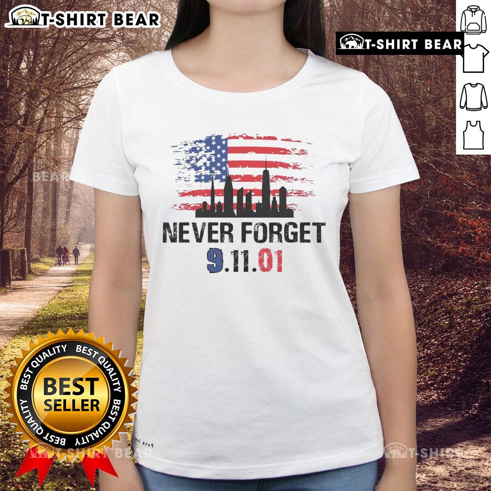 Top Never Forget 9/11/01 America Flag Ladies Tee showcasing patriotism and remembrance for September 11th.