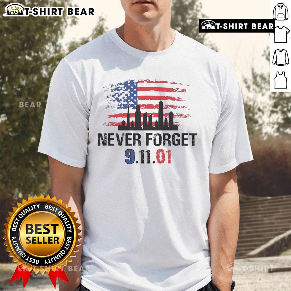Top Never Forget 9.11.01 America Flag T-Shirt featuring a patriotic design, honoring September 11th, 2001.