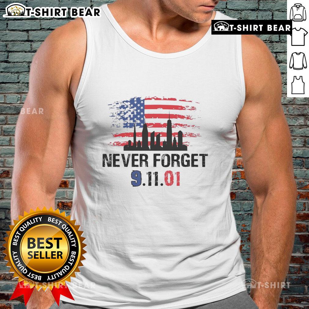 Alt Text: Top Never Forget 9.11.01 America Flag Tank Top featuring a patriotic design honoring September 11th.