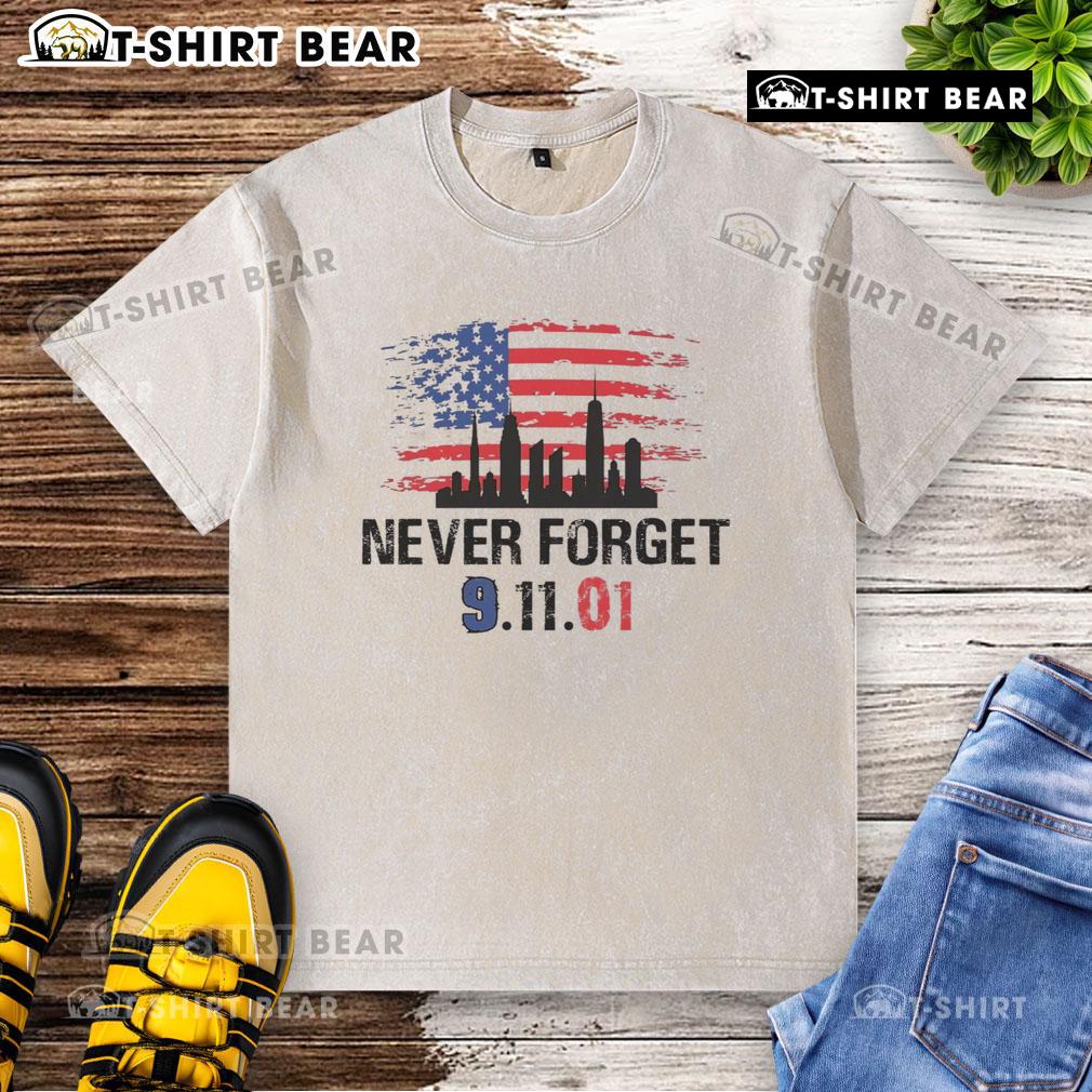 Top Never Forget 9.11.01 America Flag Washed T-Shirt featuring a patriotic design honoring September 11th.