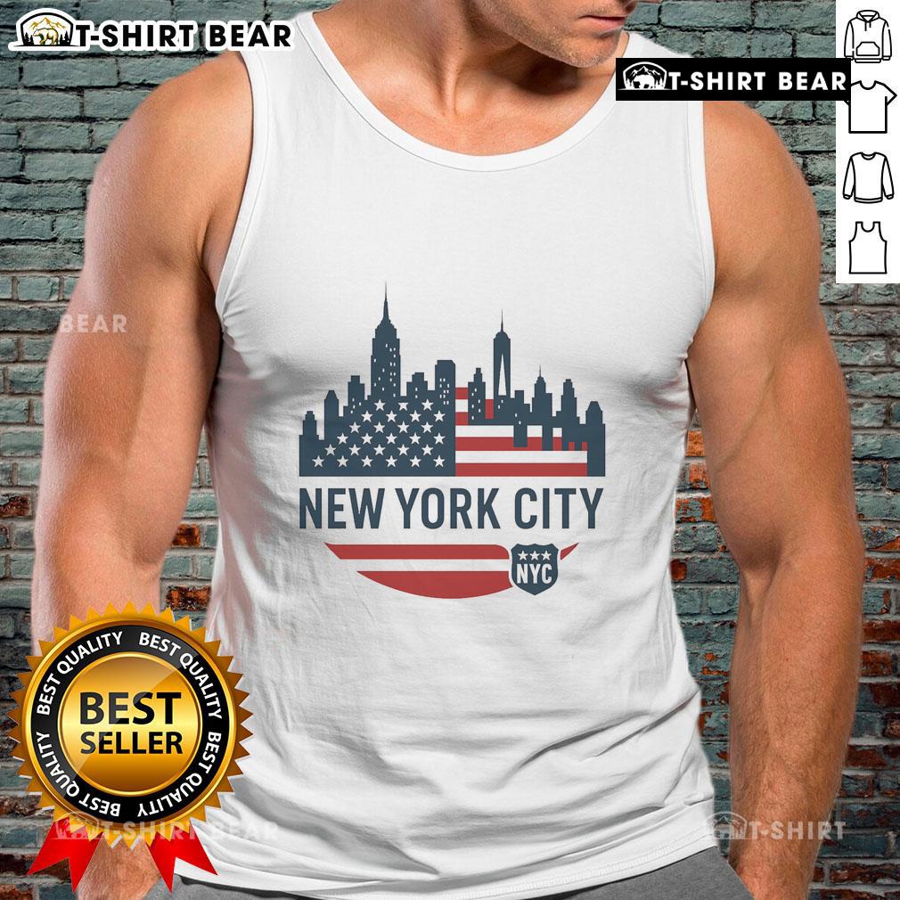Top New York City travel souvenir flag series tank top featuring iconic NYC skyline and vibrant colors.