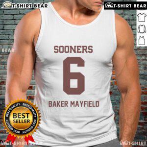 Alt Text: Top Oklahoma Sooners football Baker Mayfield tank top featuring team colors and iconic logo, perfect for fans.