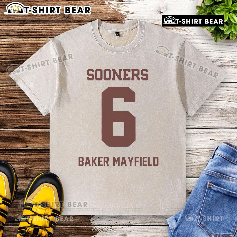 Alt Text: Top Oklahoma Sooners Football Baker Mayfield washed t-shirt, featuring a vintage design and team colors.