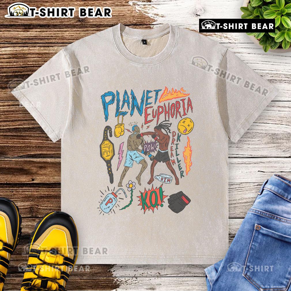 Alt Text: Top Planet Euphoria Dream Killer boxing match graphic on a stylish washed t-shirt for trendy casual wear.