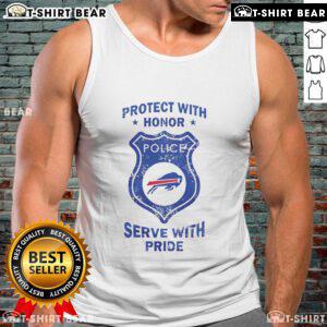 Buffalo Bills tank top featuring 'Top Protect With Honor, Serve With Pride' slogan, perfect for fans and veterans.
