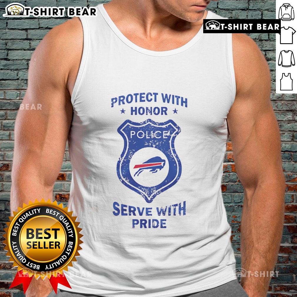 Buffalo Bills tank top featuring 'Top Protect With Honor, Serve With Pride' slogan, perfect for fans and veterans.