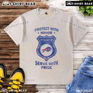 Buffalo Bills washed t-shirt featuring 'Protect With Honor, Serve With Pride' slogan, perfect for fans and game day wear.
