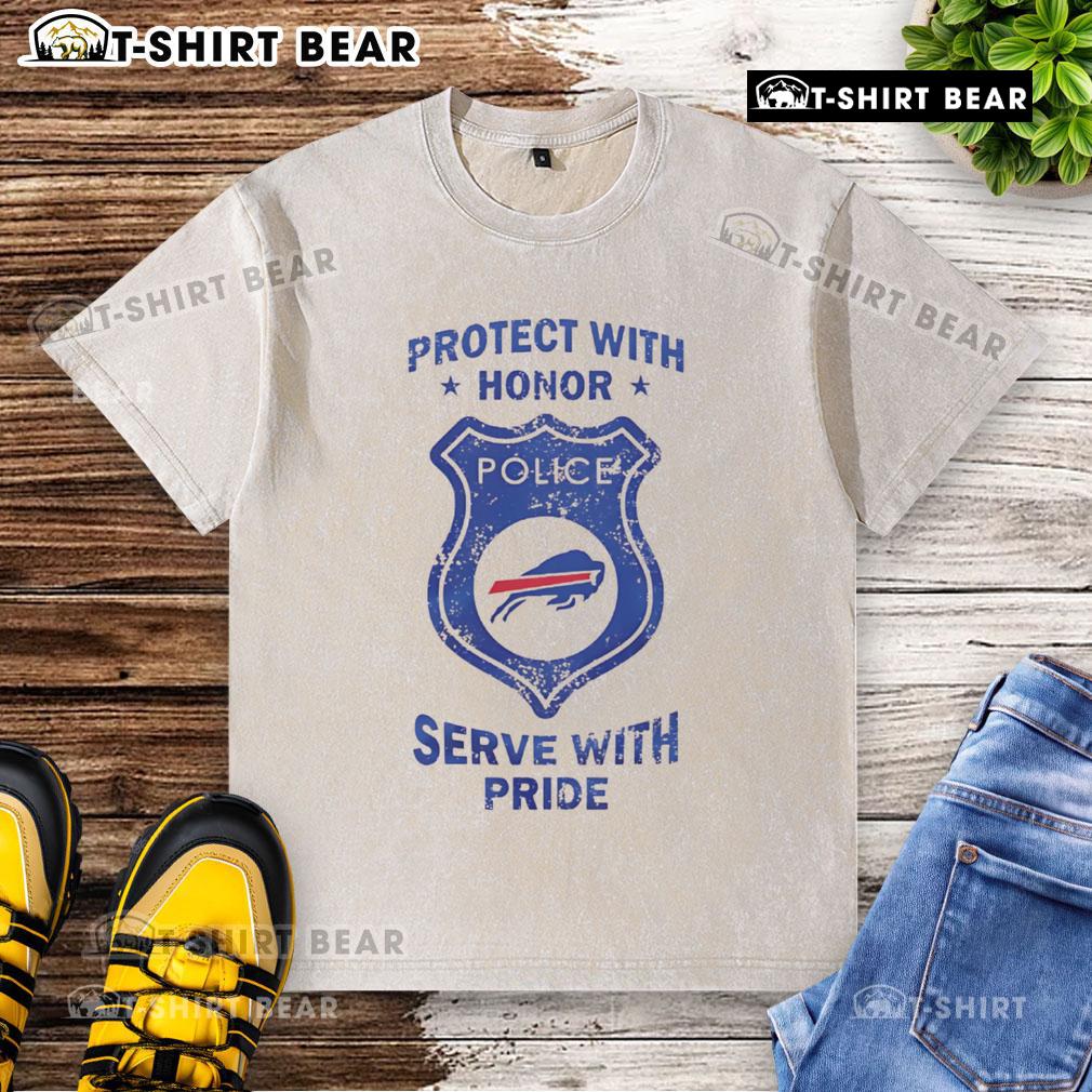 Buffalo Bills washed t-shirt featuring 'Protect With Honor, Serve With Pride' slogan, perfect for fans and game day wear.