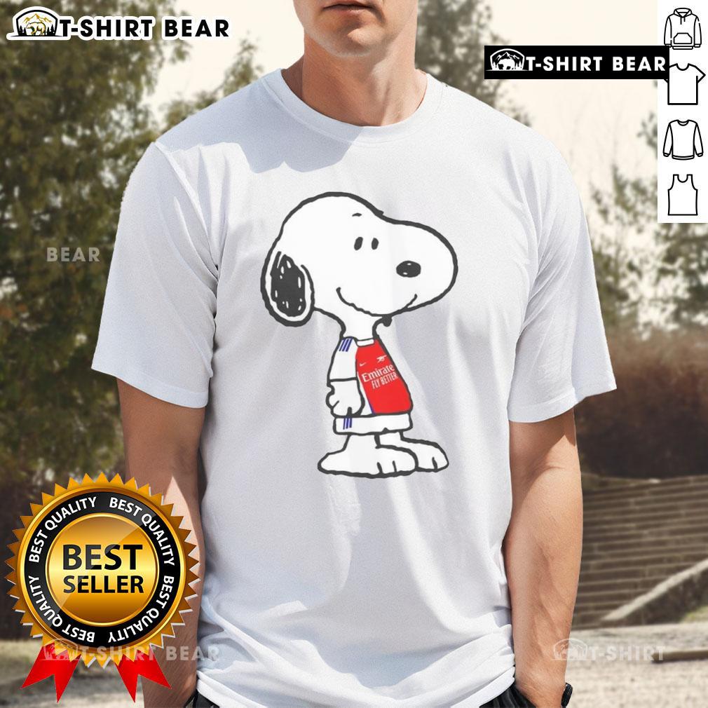Top Snoopy Arsenal Premier League T-Shirt featuring vibrant graphics and comfy fit, perfect for fans and casual wear.