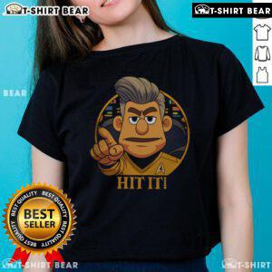 Top Star Trek Cartoon Captain Hit It sci-fi parody ladies tee featuring a colorful design of a space captain in action.