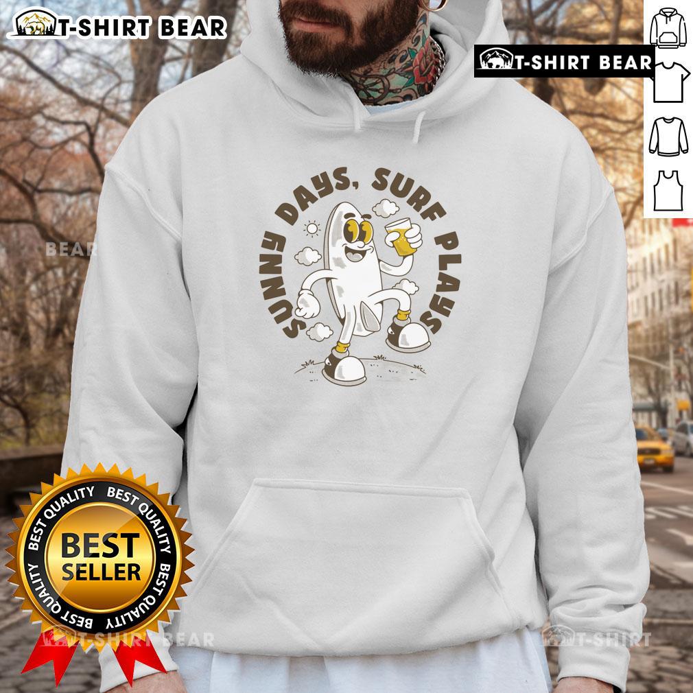 Retro surfboard cartoon hoodie featuring sunny days and surf plays design, perfect for beach lovers and surf enthusiasts.