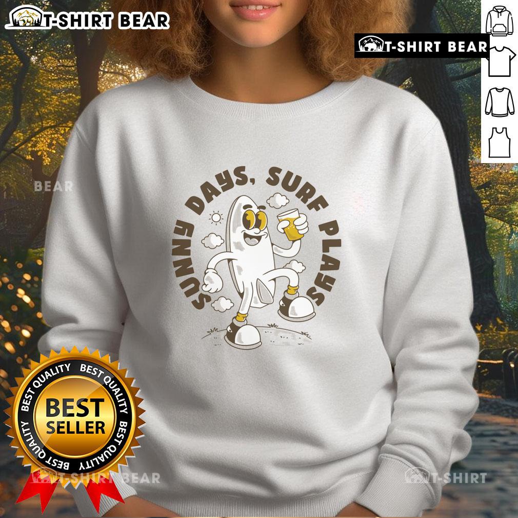 Alt Text: Retro surfboard cartoon design on a sweatshirt, perfect for sunny days and surf plays, showcasing a fun beach vibe.