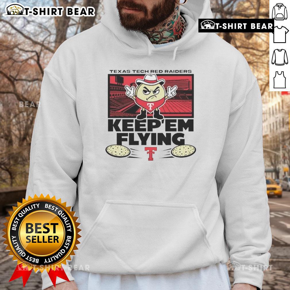 Top Texas Tech Red Raiders Football El Tortillo Keepem Flying Hoodie displayed on a hanger, showcasing team spirit.