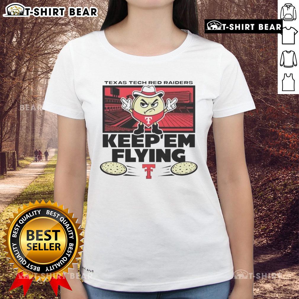 Alt Text: Top Texas Tech Red Raiders Football El Tortillo Keepem Flying Ladies Tee featuring team colors and logo.