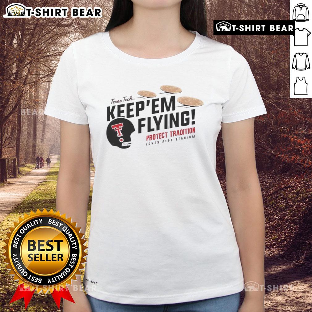 Top Texas Tech Red Raiders Football Keepem Flying Flour Bomb Tortilla Ladies Tee showcasing team spirit and style.