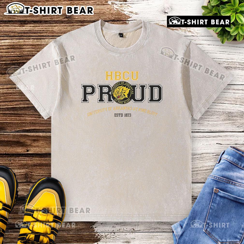 Top the University of Arkansas at Pine Bluff Est 1873 HBCU Proud washed t-shirt displayed on a neutral background.