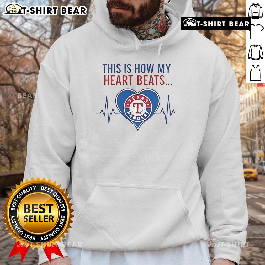 Alt Text: Cozy Texas Rangers hoodie with This Is How My Heart Beats design, perfect for fans showing team spirit.