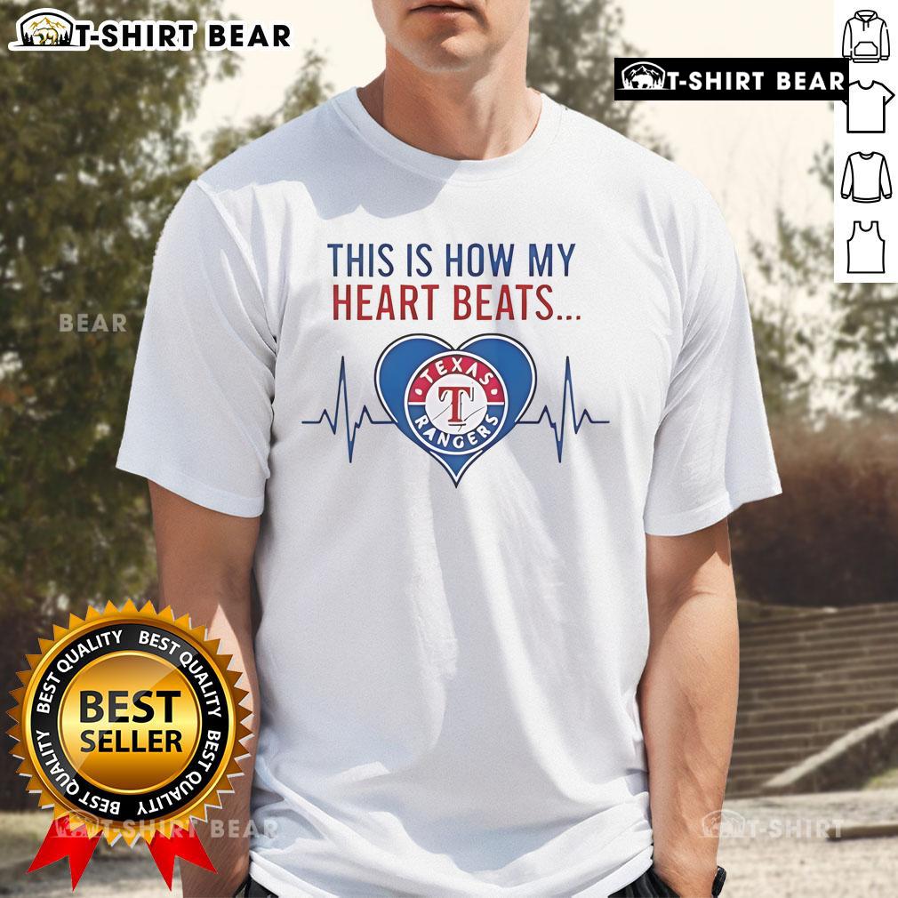 Texas Rangers T-Shirt featuring 'This Is How My Heart Beats' design, perfect for fans showing team spirit and love.