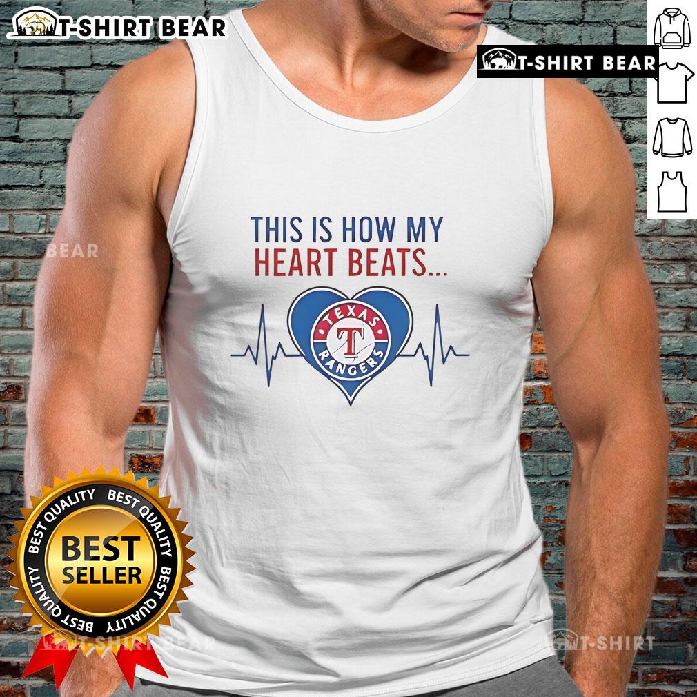 Texas Rangers tank top featuring 'This Is How My Heart Beats' design, perfect for fans and summer outings.