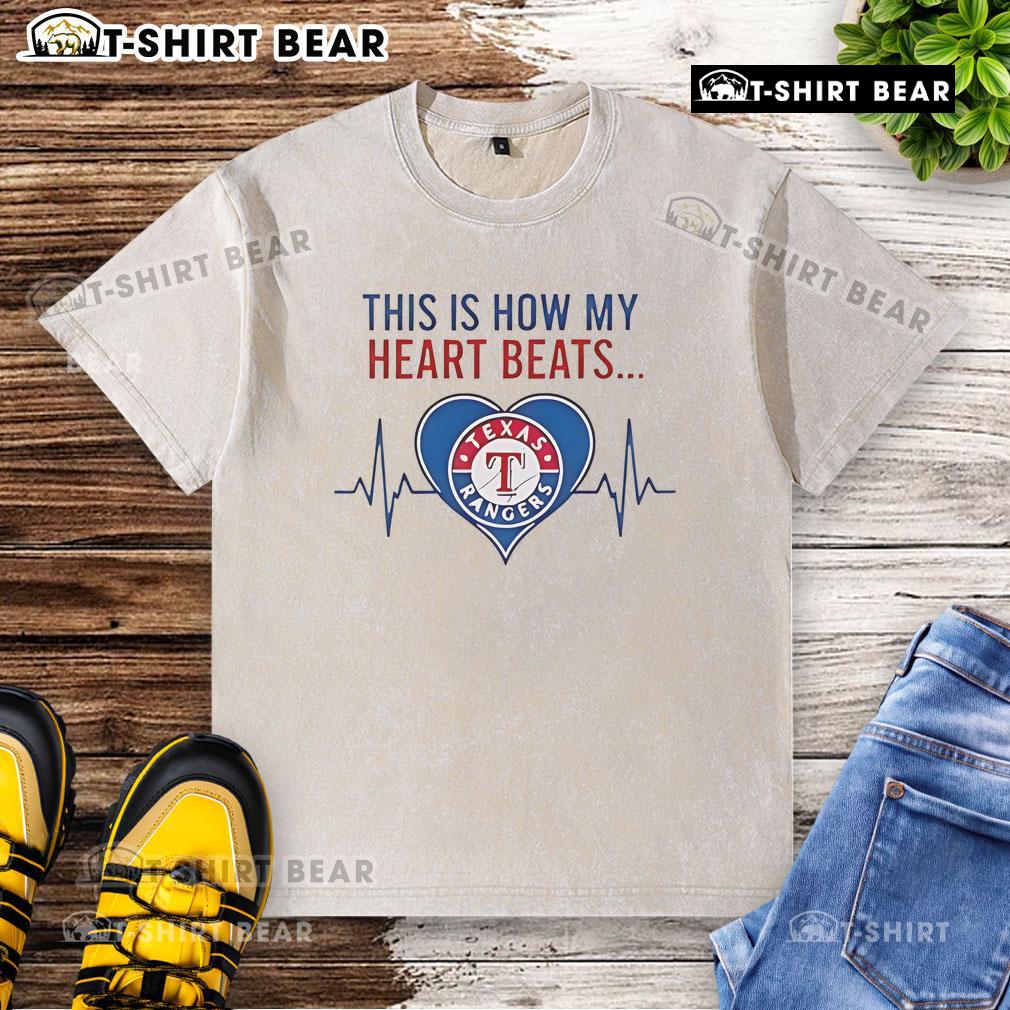 Alt Text: Texas Rangers washed t-shirt featuring 'This Is How My Heart Beats' design, perfect for fans and casual wear.